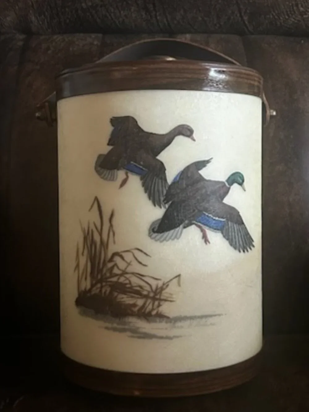 Vintage Mallard Duck Ice Bucket With Detailed Wildlife and Leather Swing Handle